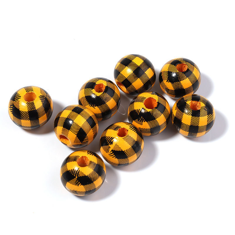 千鸟格木珠DIY挂饰装饰串珠彩色格子木珠配件条纹印花带孔木珠详情15