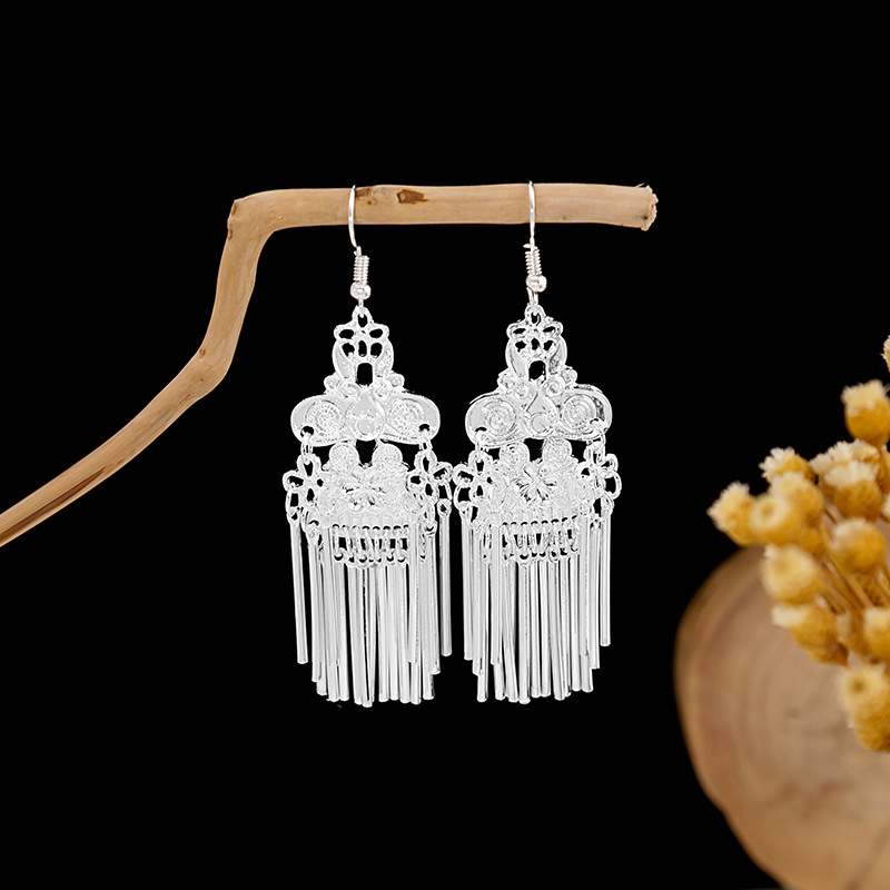 European and American Bohemian long tassel stud earrings, retro ethnic style Miao silver earrings, geometric round small fish earrings pic 7