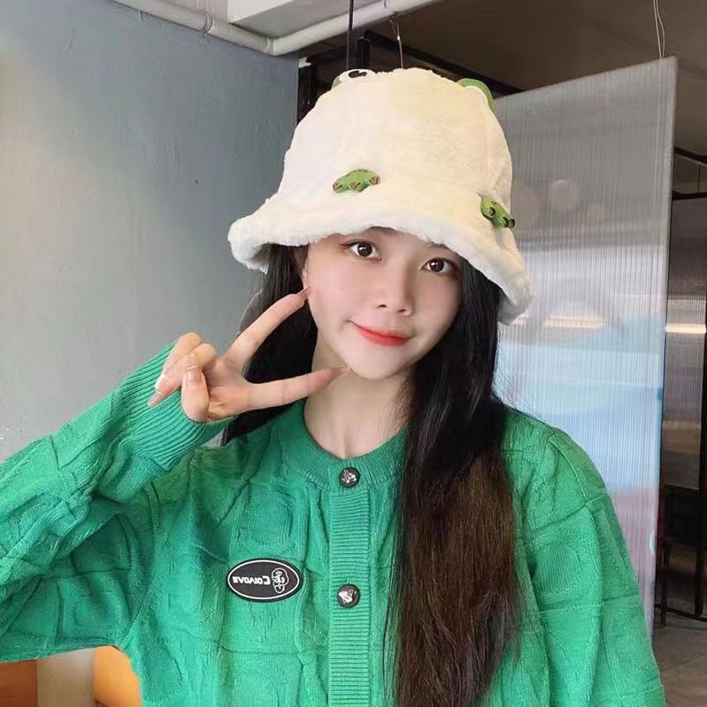 卡通羊羔绒盆帽女2023冬季加绒保暖显脸小青蛙渔夫帽网红毛绒帽女详情2