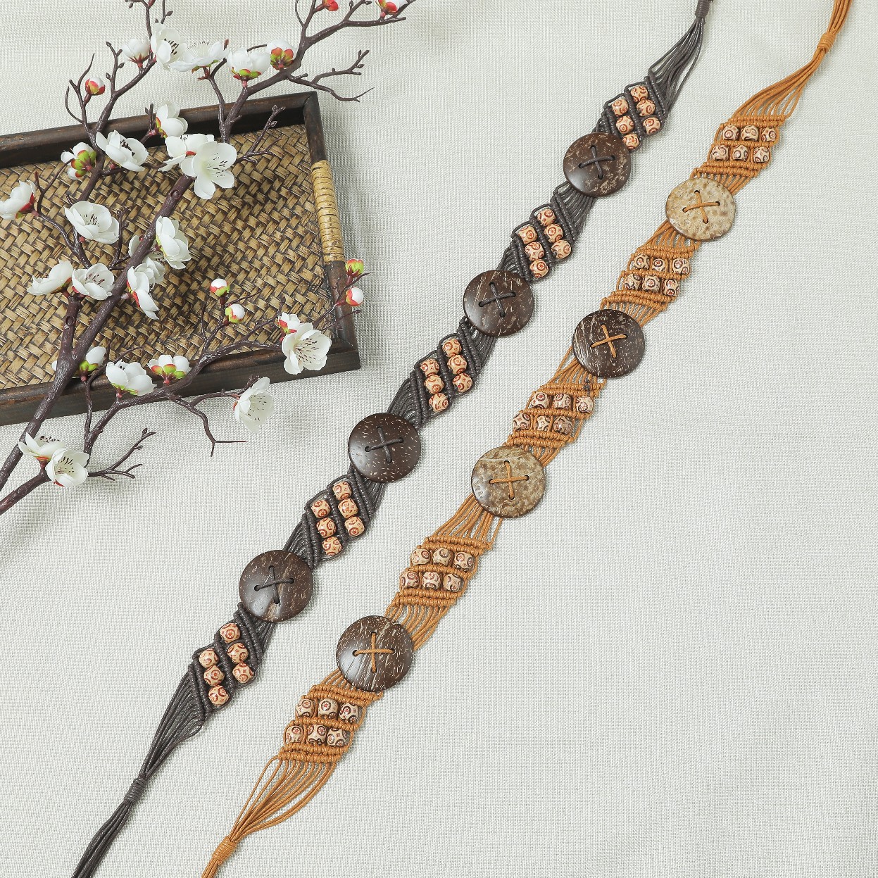 波西米亚风腰带 复古蜡绳编织女 腰带 民族风椰壳流苏腰绳腰链详情5