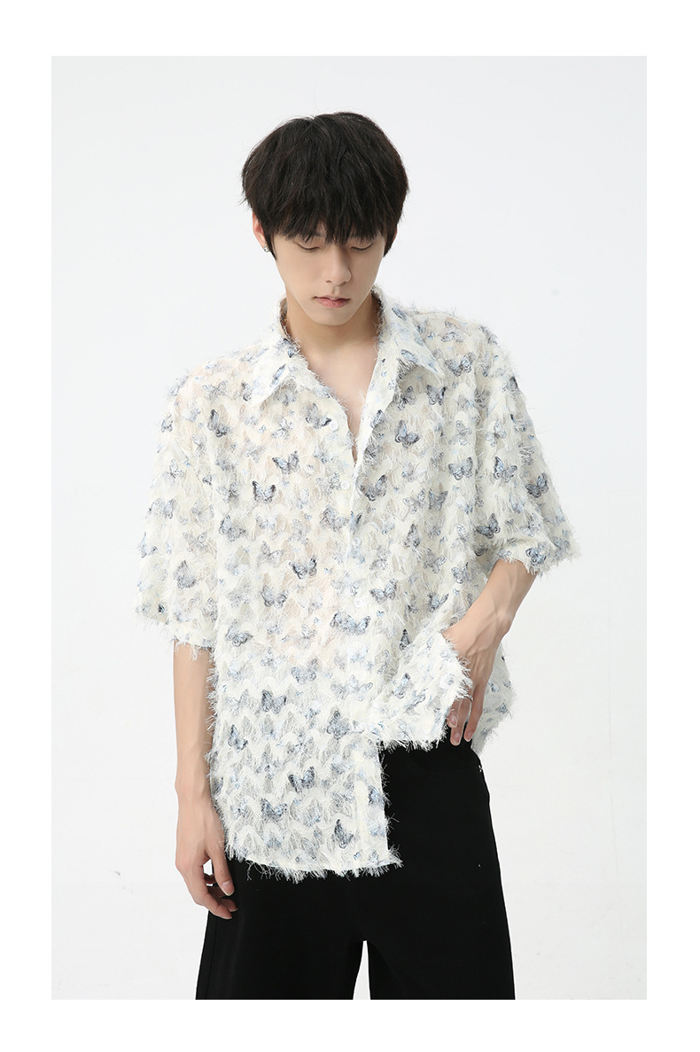 MTLCLOTHES男装|2024春款新品 法式小众独特彩色蝴蝶提花流苏衬衫详情11