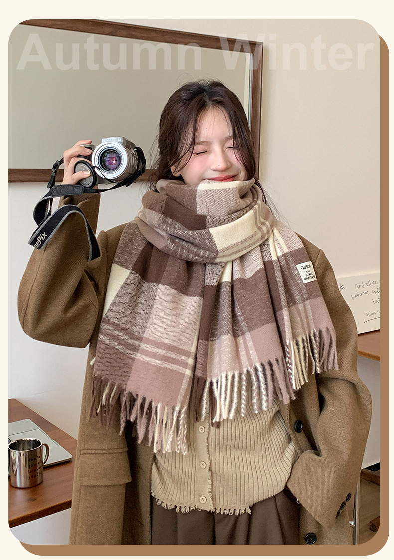 Wholesale of new autumn/Winter 2024 faux cashmere scarves for women, thick and warm outerwear with shawls, and simple student checkered scarves pic 4
