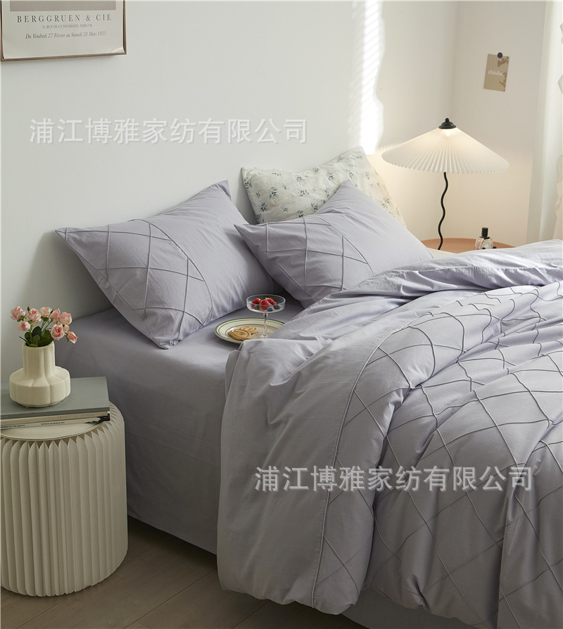 Wholesale of high-quality three or four-piece sets of washed cotton 40-count hand-knitted rhombus-shaped checkered plain pure cotton bedding pic 21