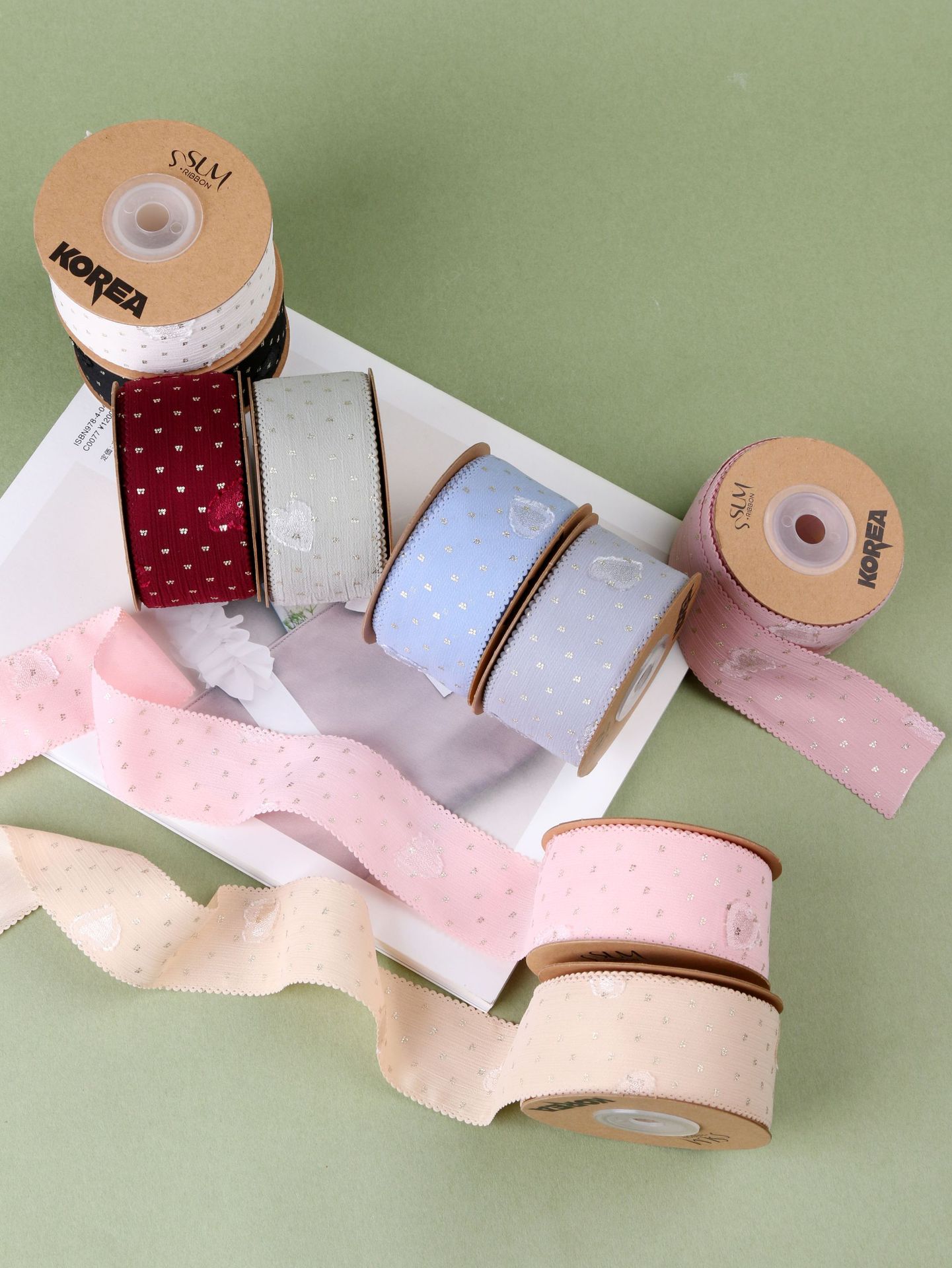 Korean-style double-layer gilded dot heart-shaped snow gauze ribbon, DIY bow hair accessory, bow tie, sleeve, top hat and other accessories pic 6