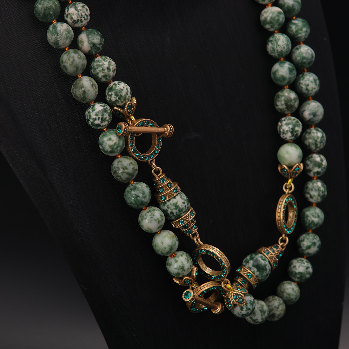 中古vintage欧美复古风高级感西洋气质小众设计绿色花纹石项链详情3