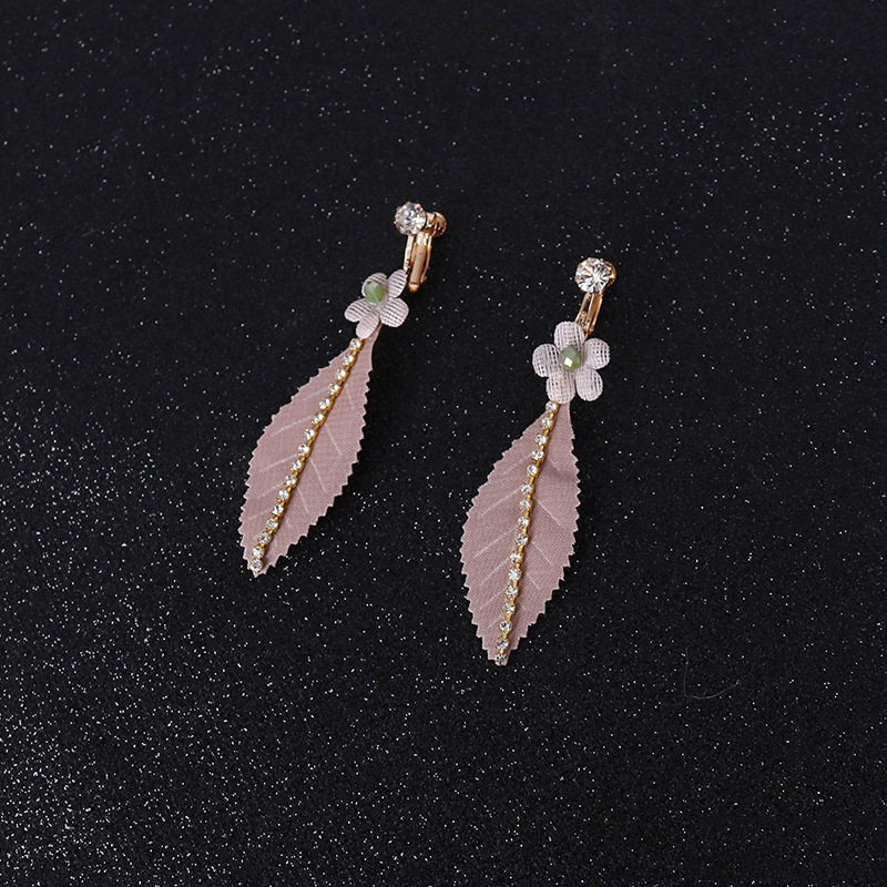 New creative rose-pink color, diamond-encrusted crystal, cute flower and leaf ear clips, handcrafted head accessory pic 6