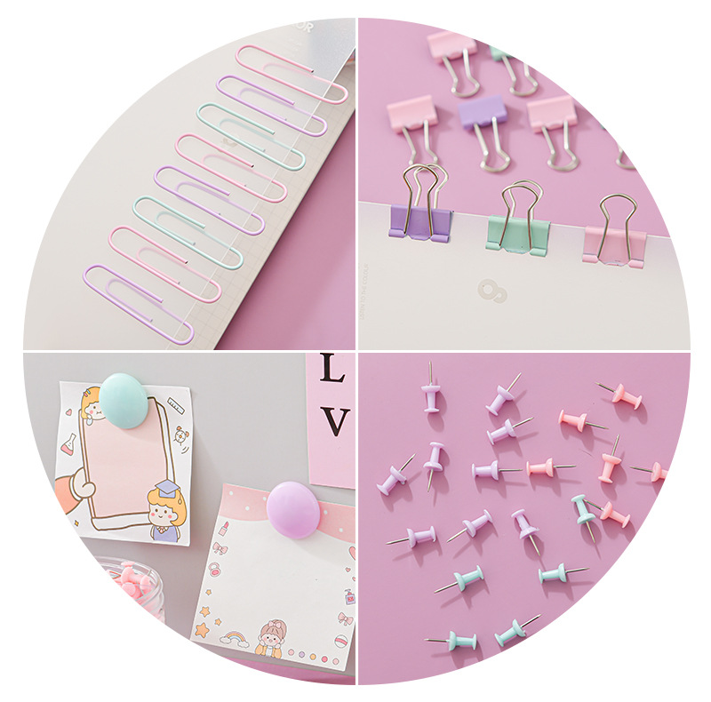 Macaron-colored paper clip and rubber band office set, 6-compartment bucket, drawing pin, long tail clip, multi-specification storage set pic 16