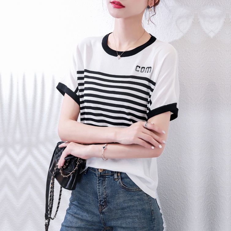 t恤高档夏季女装新款宽松韩版上衣女士针织衫短袖打底衫碎花条纹详情12