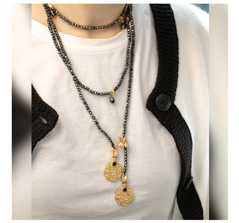 小众设计感铜合金项链璀璨金币黑色百搭长款项链中古撞色串珠项链详情10