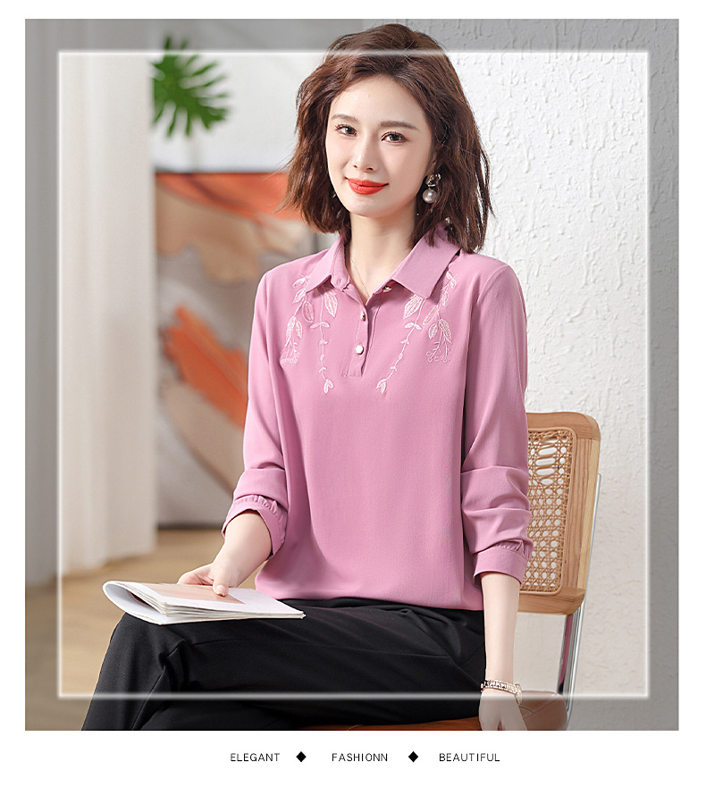 中年女士打底小衫秋季款t恤长袖翻领刺绣纯色气质大码妈妈装衬衫详情20