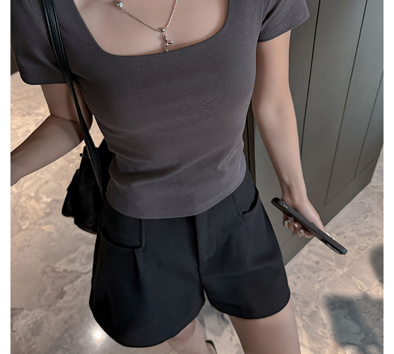 夏季纯棉方领辣妹正肩短袖t恤女式修身显瘦高级感韩系女装T恤上衣详情15