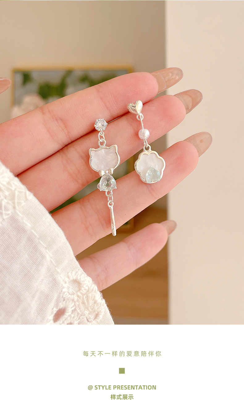 Simple zircon cat earrings, silver needle geometric AB style, cute and exquisite tassel earrings, sweet and niche earrings pic 2