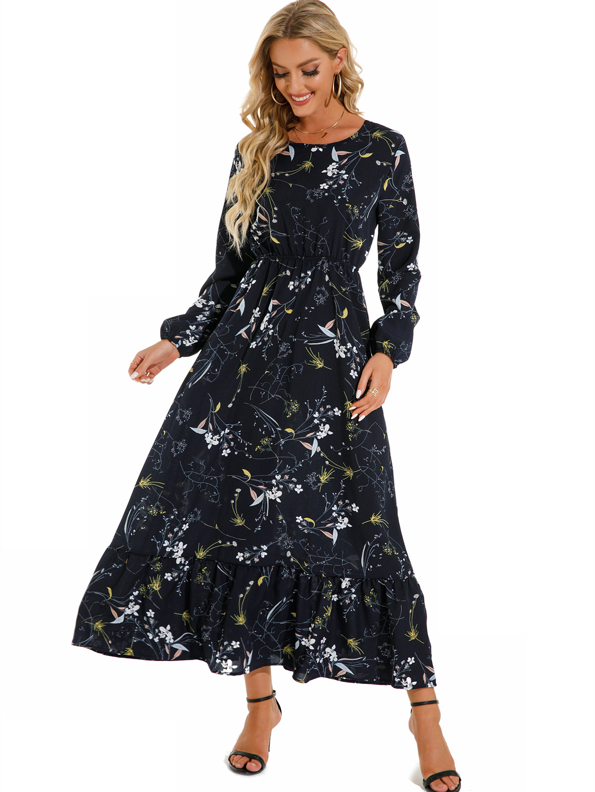European and American floral long, round-neck, long-sleeved, waist-cinching and slimming dress pic 32