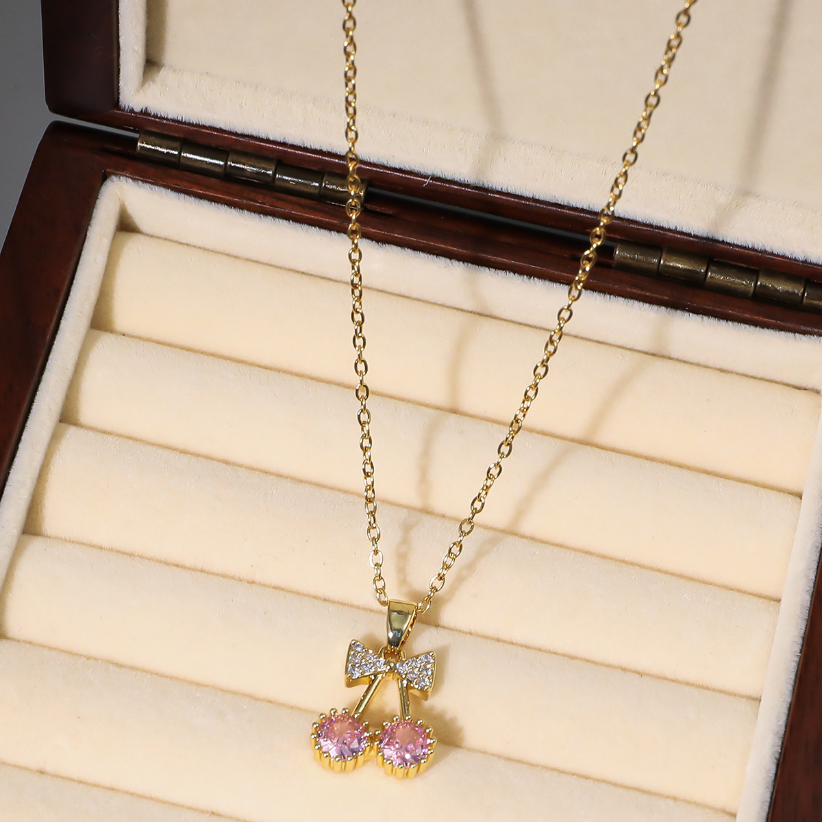 This is a unique new design pendant with a Japanese and Korean style, featuring cherry fruits and zircon. It is a stylish titanium steel necklace pic 57