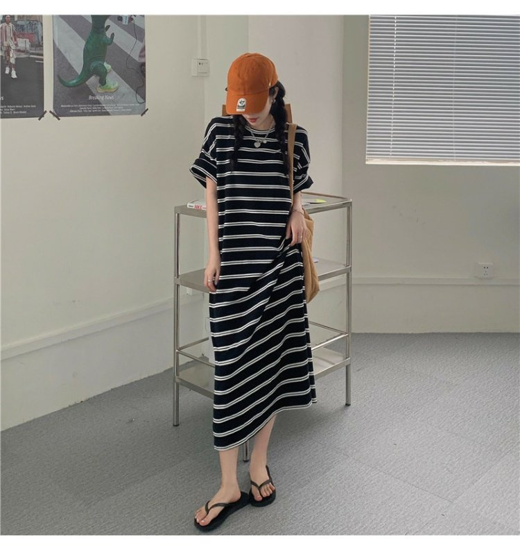 韩版chic条纹t恤连衣裙女夏设计感百搭宽松显瘦休闲长款裙子气质详情2