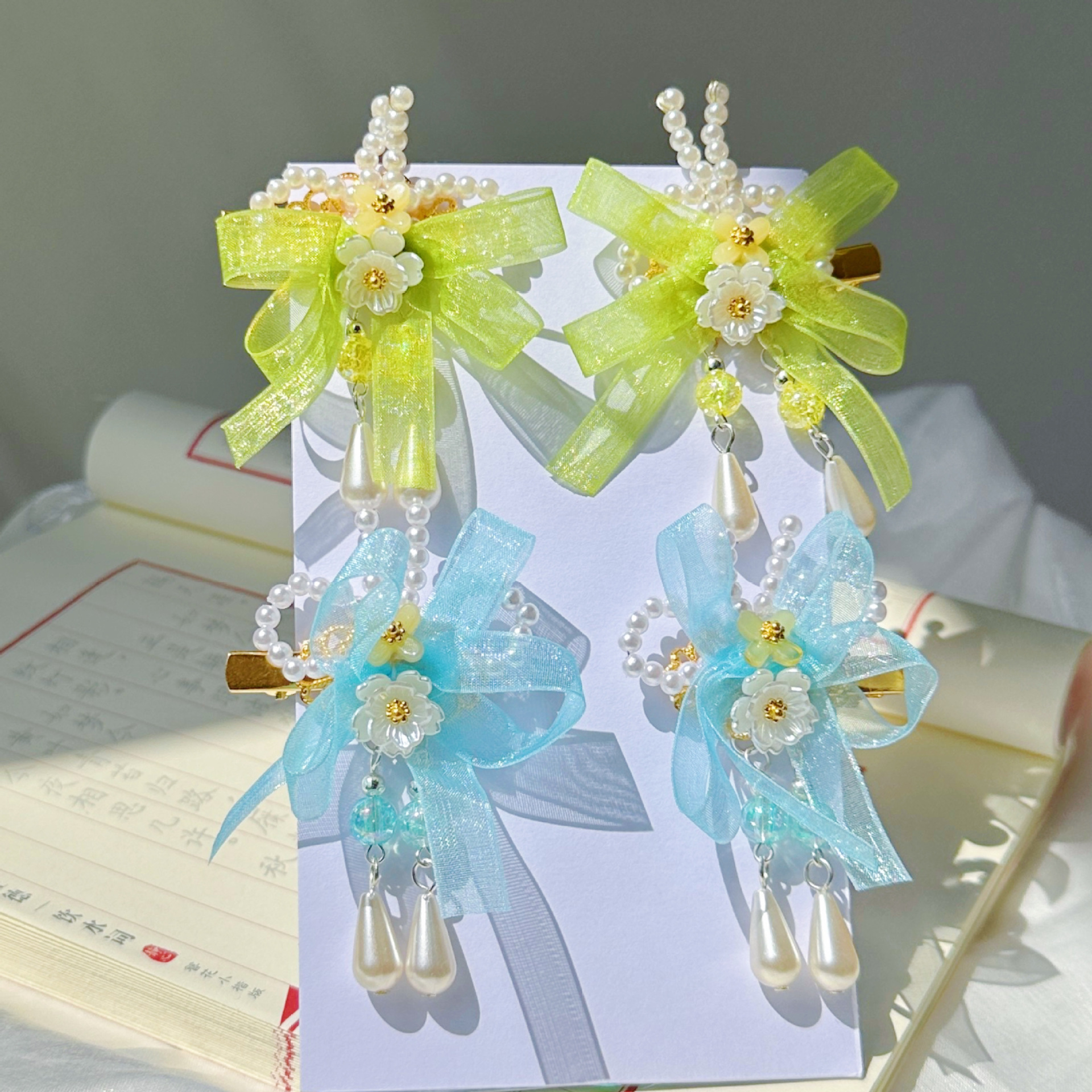 儿童发夹 国潮系列新款古风花朵蝴蝶珍珠流苏中国风琉璃对夹女孩汉服头饰详情35