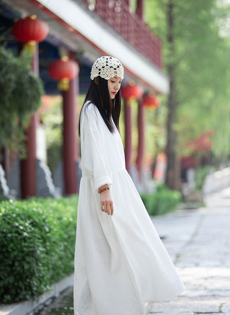 Spring and summer V-neck textured natural linen loose robe, double-layer large hem elegant long dress, retro fairy dress pic 24