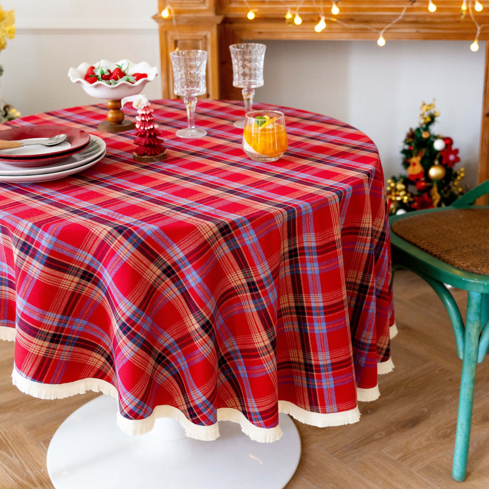 Tablecloth, coffee table, cotton and linen decorative table, ins style best-selling rectangular retro dining table, festive red Christmas checkered pic 20
