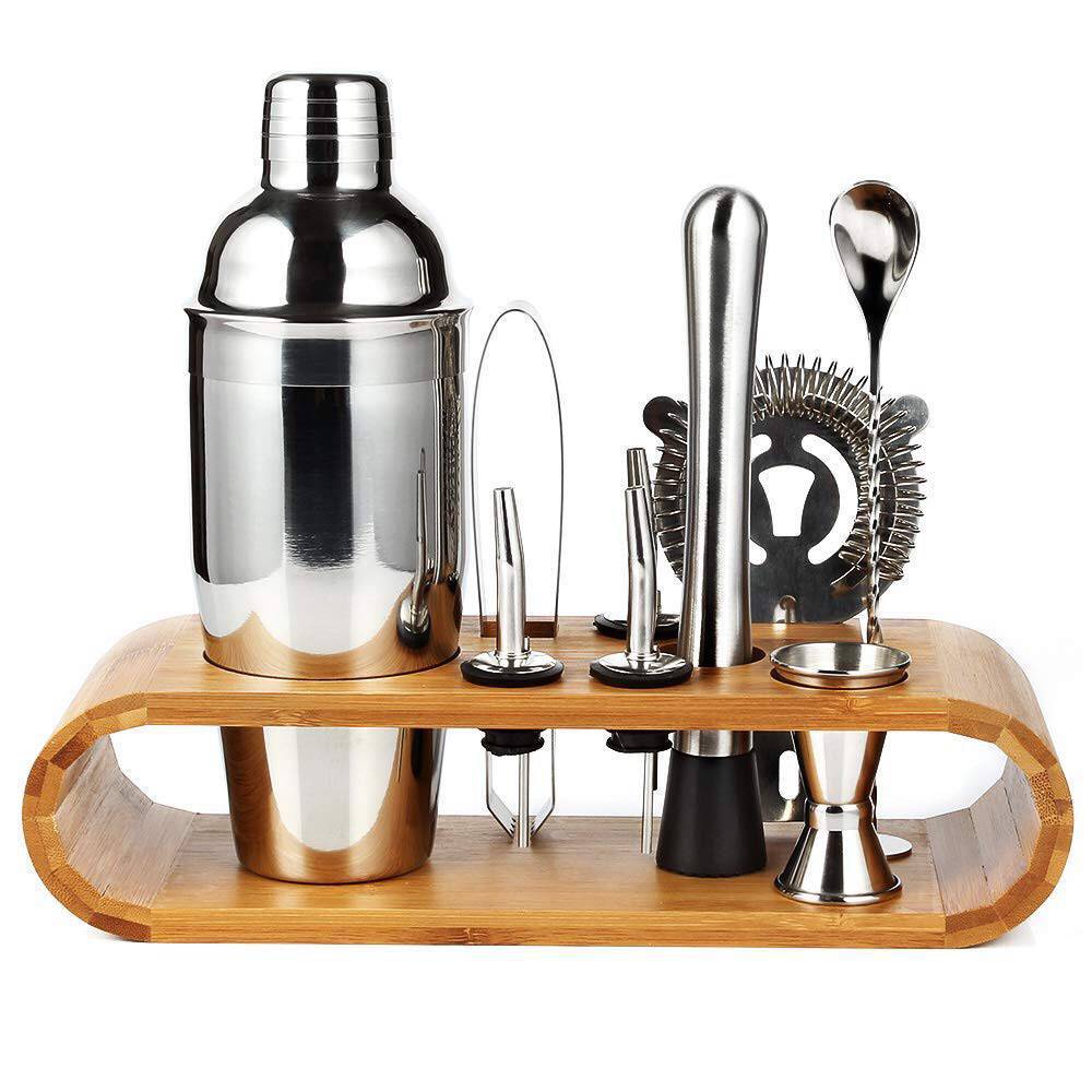 A 9-piece stainless steel cocktail shaker, cocktail shaker and mixing tool set with a bamboo base for storage pic 1