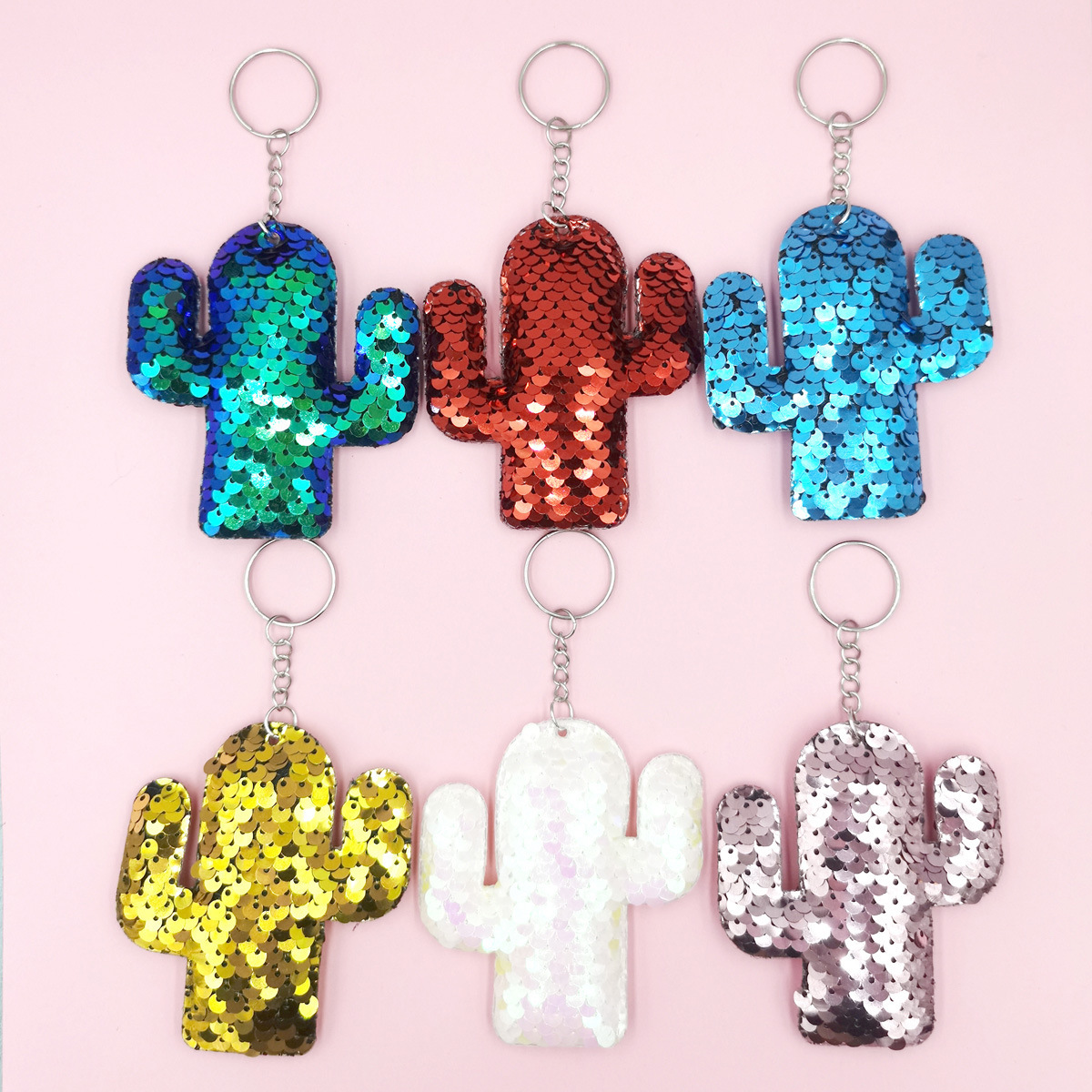 Cross-border set: 6 reflective double-sided flip cover sequined cactus keychains, sequined small pendants, car ornaments pic 5
