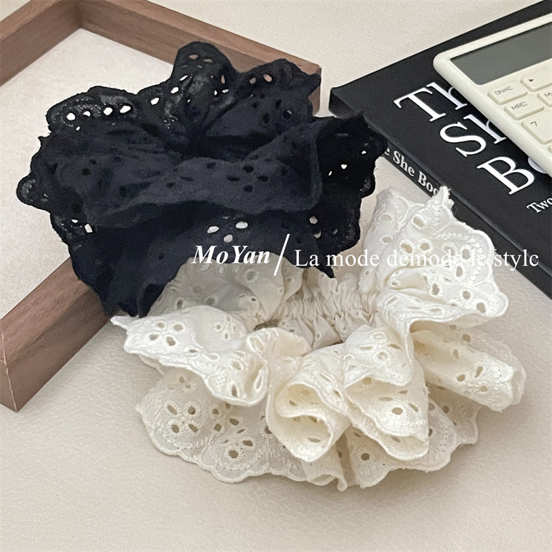 French retro atmosphere lace large intestine hair tie, popular embroidery with hollowed-out patterns and ruffled edges, hair accessory and hair band pic 12