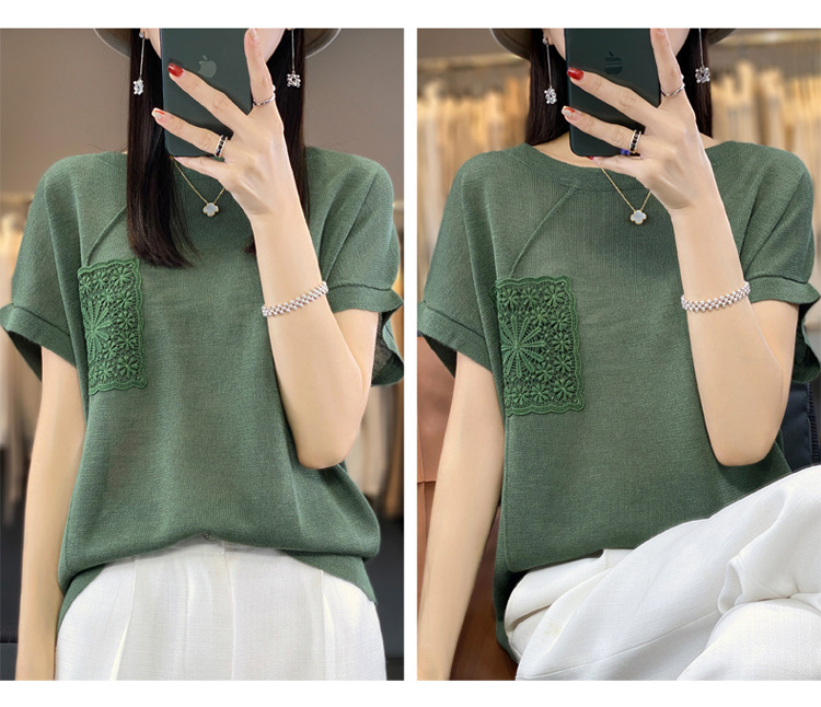 圆领亚麻冰丝短袖t恤女夏季洋气时尚百搭减龄别致薄款针织衫上衣详情14