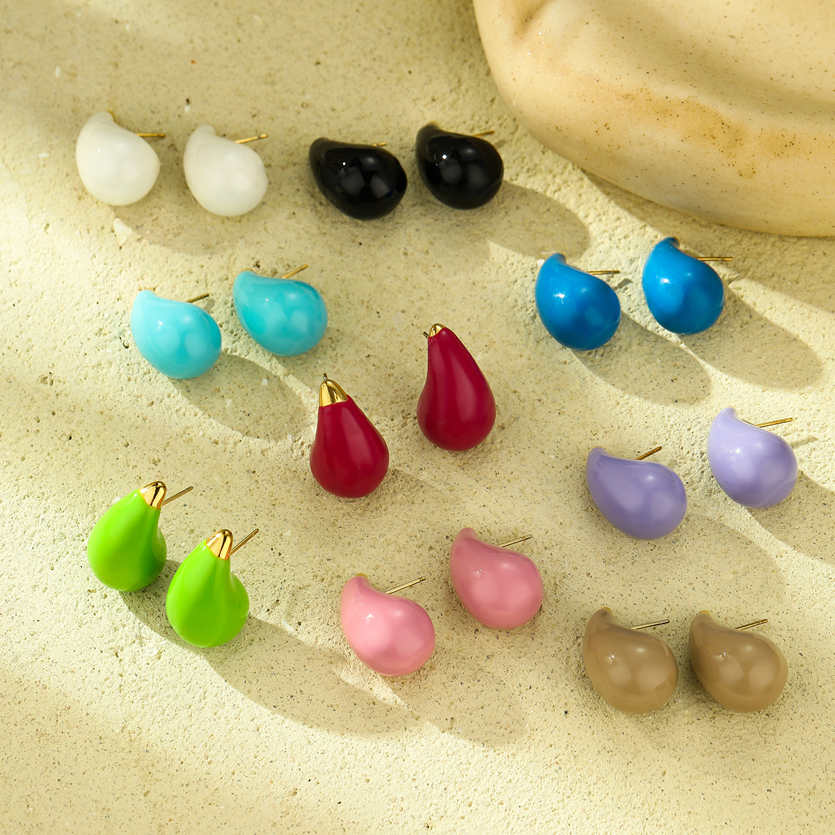 夏季彩色滴油钛钢耳环简约设计百搭轻奢高级感夏天水滴耳饰不掉色详情1