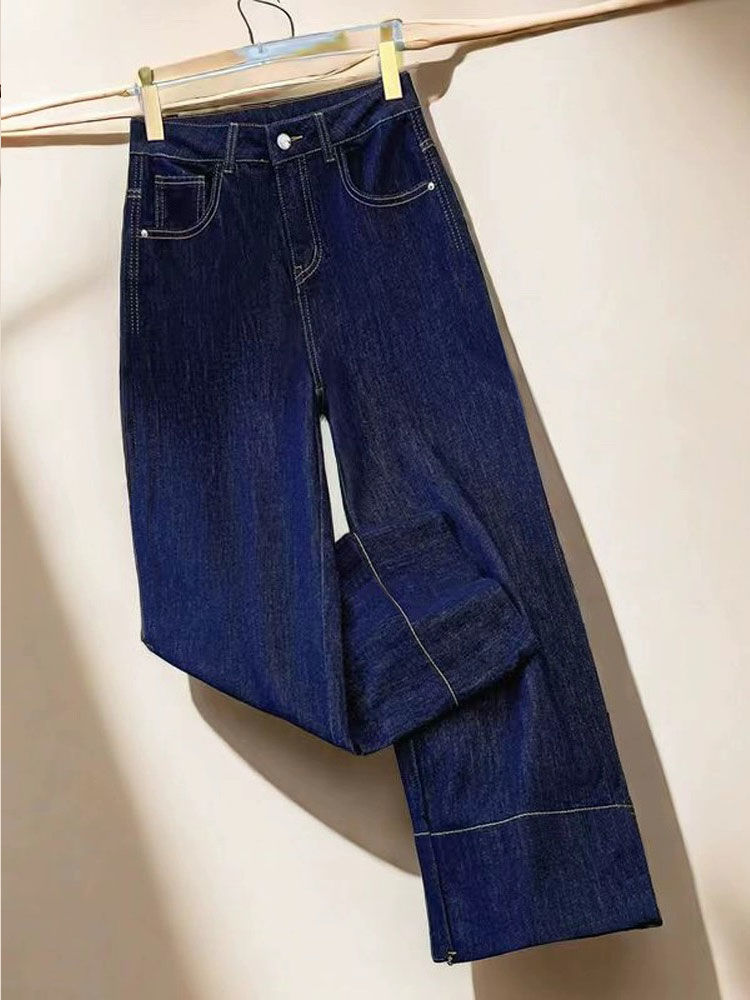 夏季薄款丹宁蓝原色时尚牛仔裤女小个子大码百搭深蓝色九分阔腿裤详情3