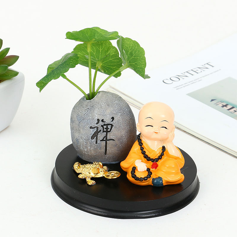 汽车小摆件禅意古风荷叶仿真绿植铜钱草佛珠小和尚车载中控台装饰详情6