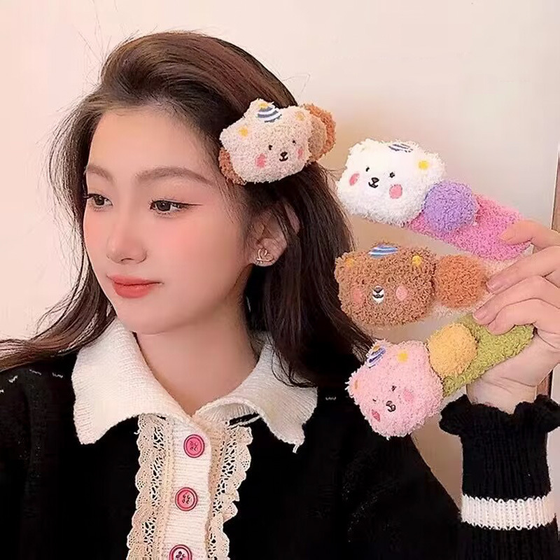 新款韩国秋冬毛绒布丁熊可爱鸭嘴夹大号发夹女后脑勺盘发发卡发饰详情1