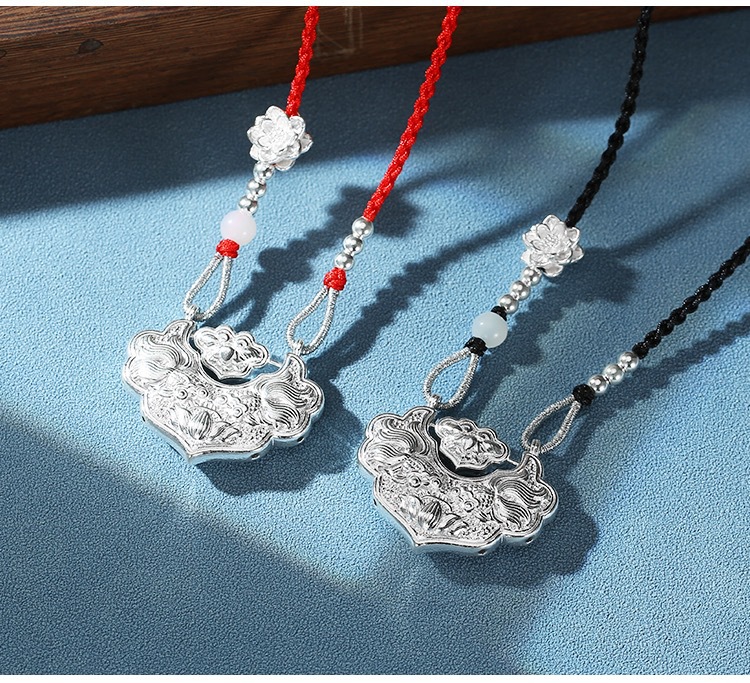 足银999锦鲤锁银莲花国风平安锁编织纯银项链双鱼如意长命锁锁骨详情13