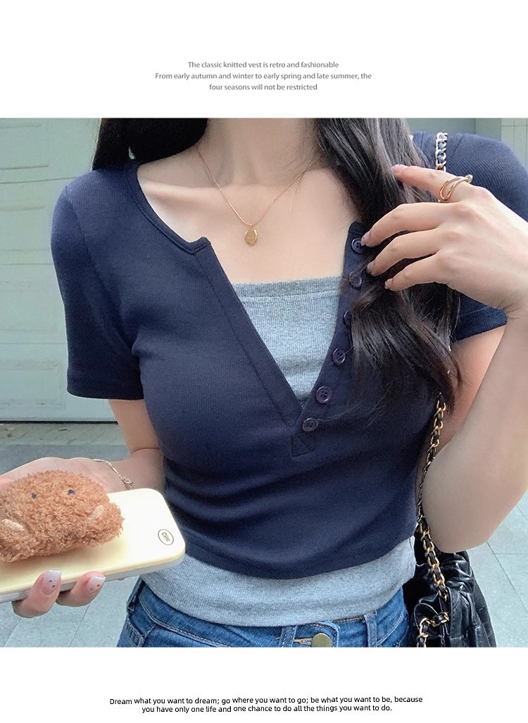 Pink V-neck off-the-shoulder T-shirt for women, short sleeve, new spring and summer style, two-piece design, slim and short, pure and sensual pic 34