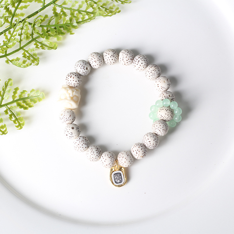 Retro star and moon Bodhi single-loop bracelet, national trend white jade Tara, lion dance running ring bracelet, Buddhist prayer beads, cultural and artistic jewelry pic 8