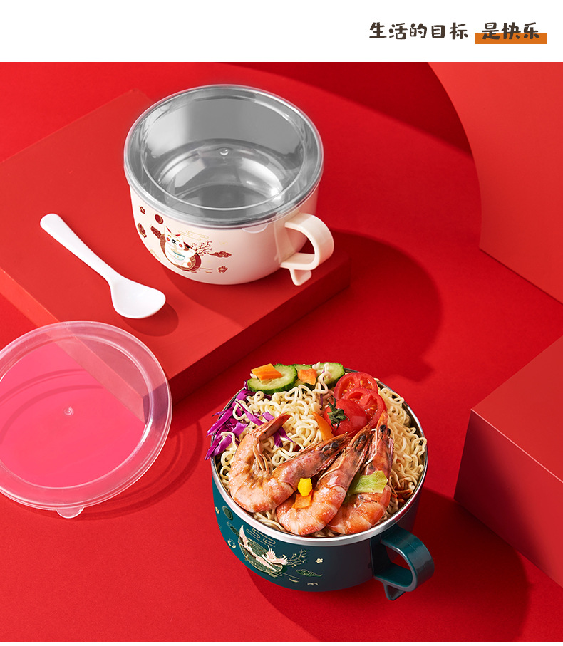 New stainless steel covered instant noodle bowl, Japanese-style cartoon multi-functional student dormitory double-layer instant noodle bowl with rice bowl pic 12