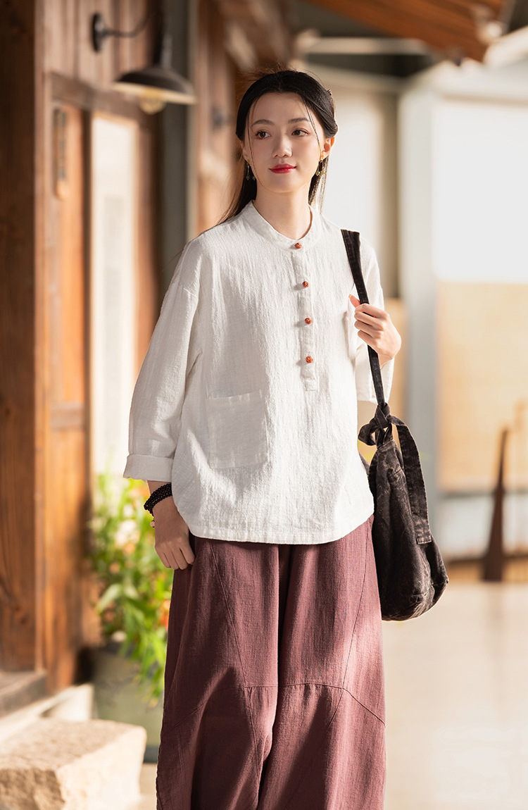 2024春夏棉麻女装新品亚麻立领拼色盘扣套头大码上衣女式棉麻衬衫详情41