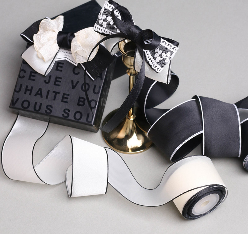 Korean version glossy black and white edge chiffon webbing DIY bow hair accessory flower shop flower packaging gift box gauze ribbon pic 4