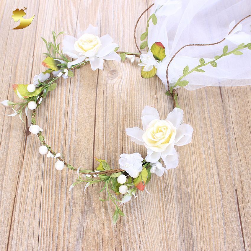 European and American flower wreath bridal veil, handcrafted white rose rattan flower wreath, seaside bridal flower wreath headwear in stock and wholesale pic 6