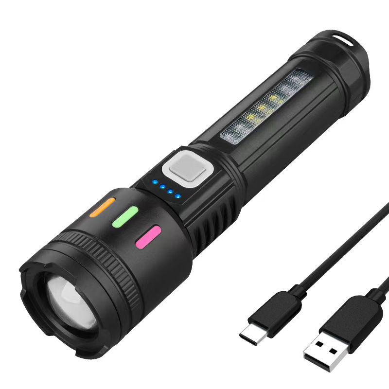 A new portable outdoor high-intensity flashlight with adjustable focusing, battery level display and red and blue light warning pic 1
