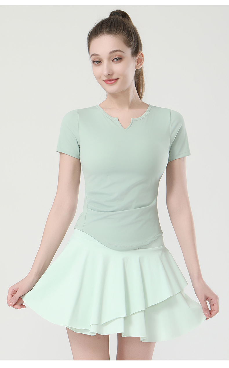 春季新款锦纶瑜伽T恤女带胸垫V领高弹短袖t恤时尚健身瑜伽上衣详情12