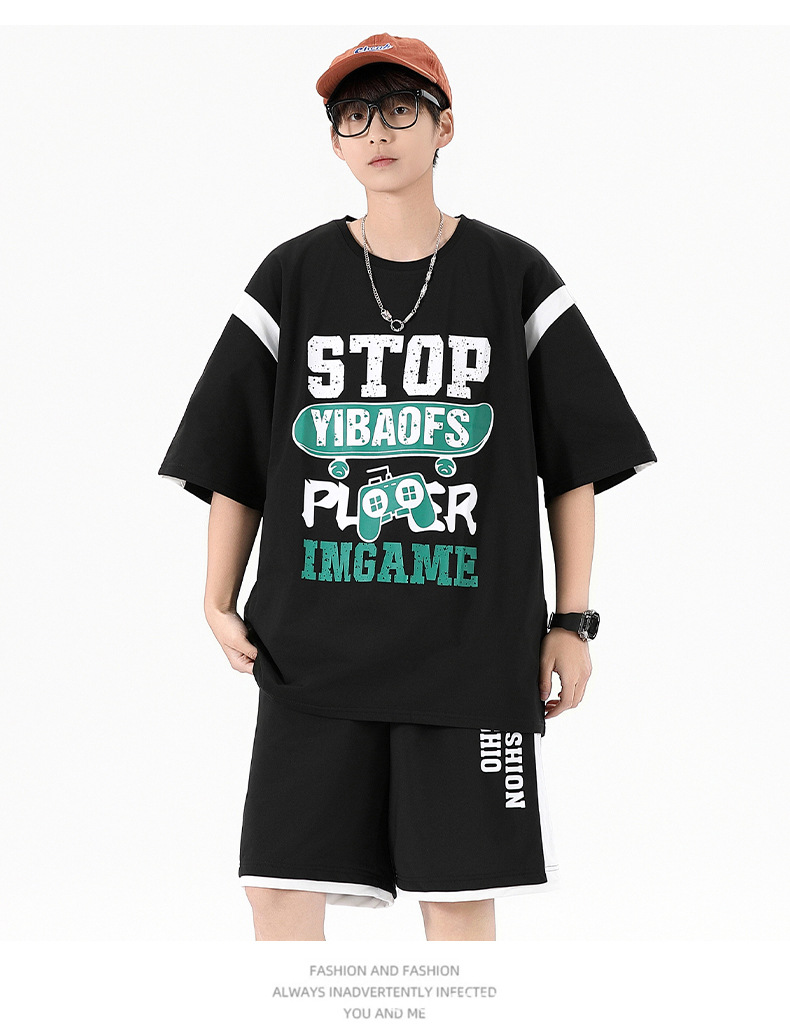 夏季薄款宽松短袖T恤套装批发青少年男初高中生潮流帅气两件套详情11