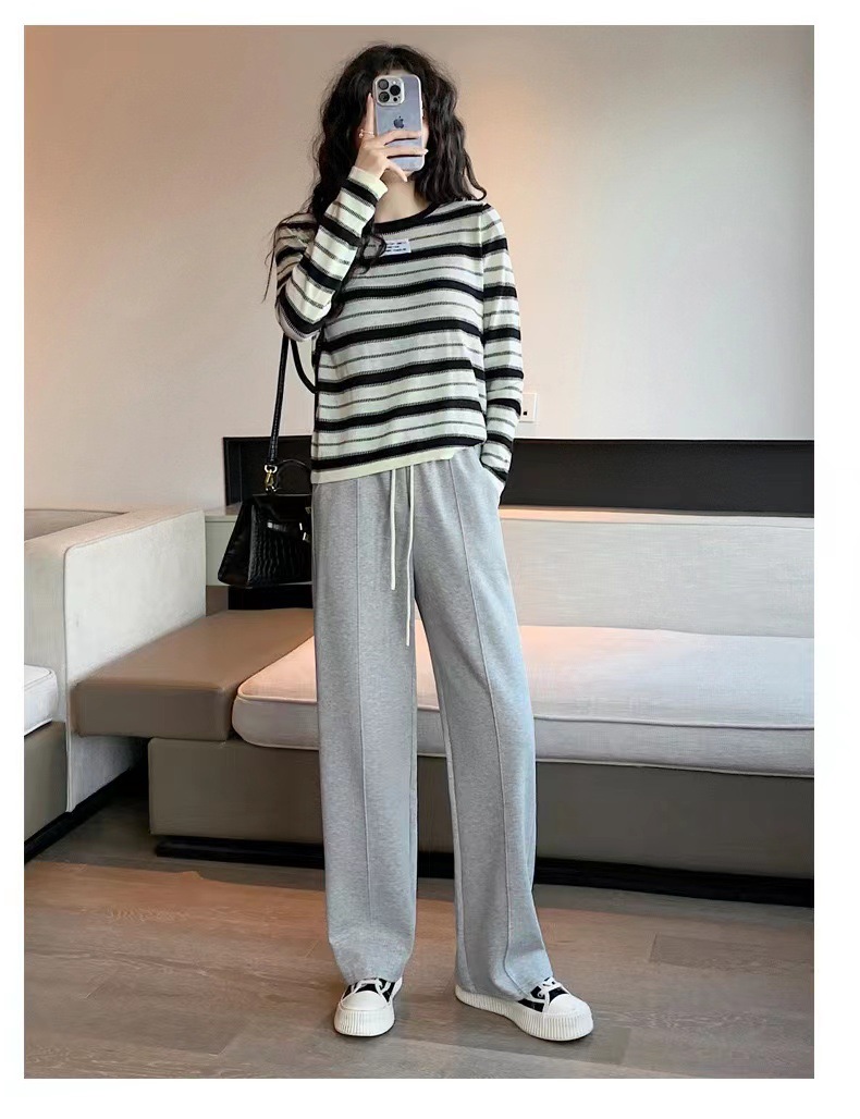 新款珠地棉垂感直筒裤高腰休闲阔腿裤女士春夏拖地裤舒适免烫长裤详情21