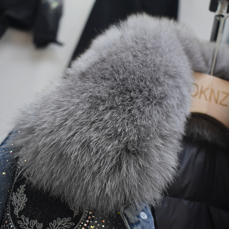 冬季刺绣烫钻超大真狐狸毛毛领90白鸭绒可拆内胆牛仔羽绒服详情24