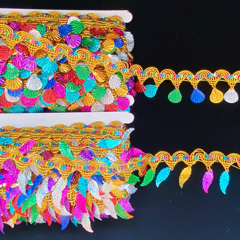 现货供应七彩镭射树叶贝壳花边亮片宝塔流苏民族服装配饰DIY辅料详情4