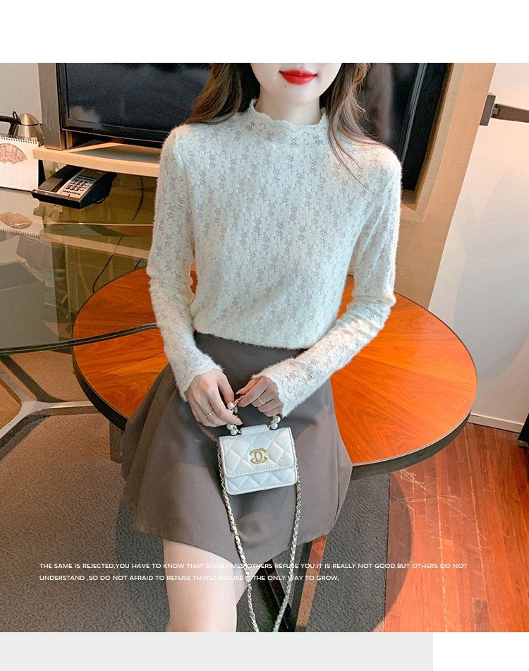 A stylish and youthful 2023 autumn collection, paired with a semi-high-neck top, long-sleeved small stand-up collar, and a youthful lace base layer for women pic 11