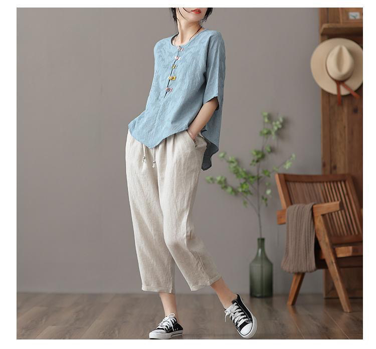 复古薄款盘扣防亚麻上衣女士夏季短袖不规则白色T恤打底棉麻衬衣详情10