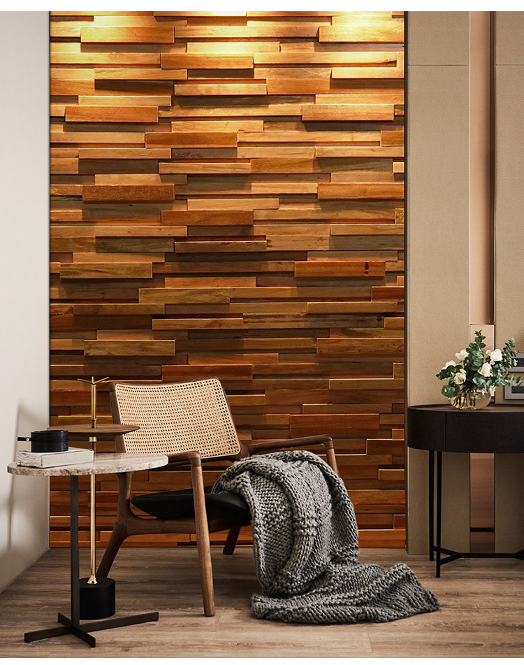 原木马赛克电视背景墙民宿形象墙装饰黑胡桃色凹凸立体实木条细条详情16