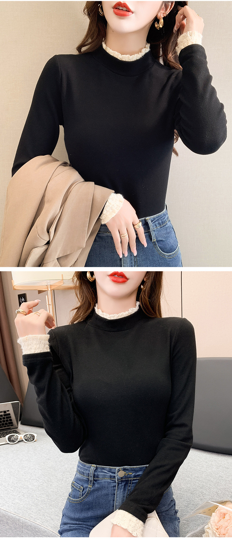 Lace semi-high neck fleece base layer shirt for women, versatile for autumn and winter 2022 new style fleece long-sleeved stylish inner layer top pic 8