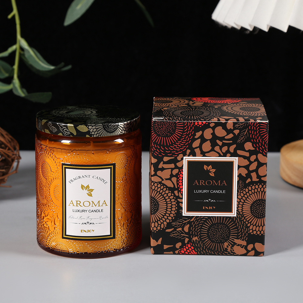 Embossed scented candle, sunflower-patterned colored glass bottle, candle cup, household scented long-lasting souvenir cup wax pic 3