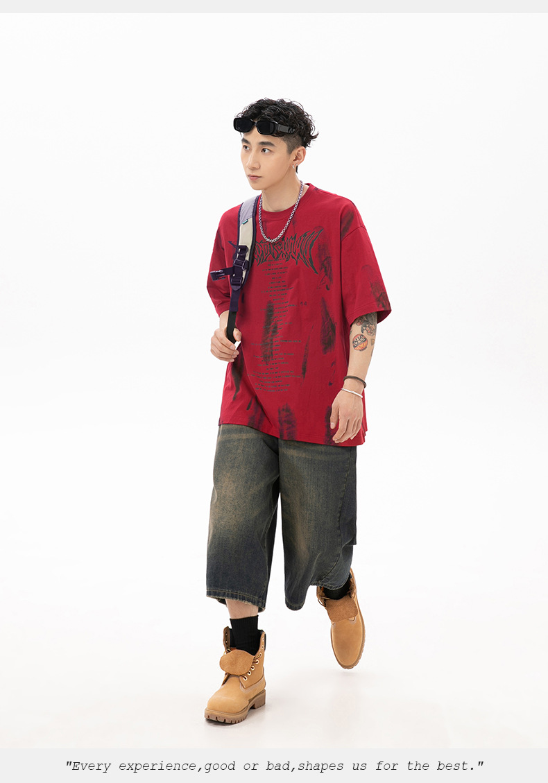 手绘印花纯棉T恤男2024夏季美式休闲情侣短袖做旧擦色复古体恤衫q详情12