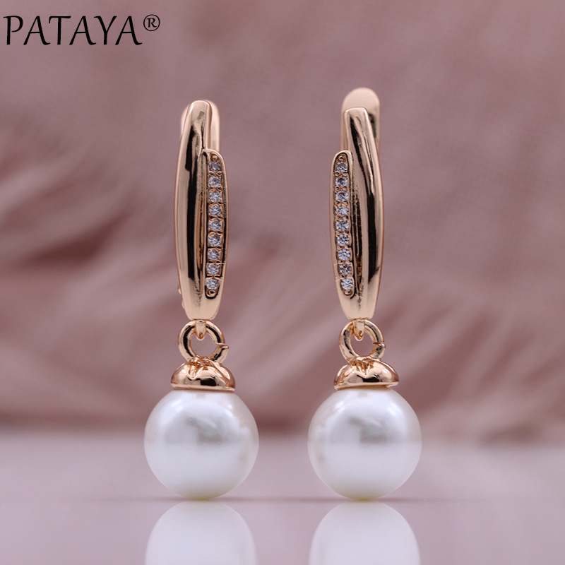 PATAYA585 rose gold real gold electroplated pearl earrings, cross-border Amazon micro-set zircon long earrings pic 2